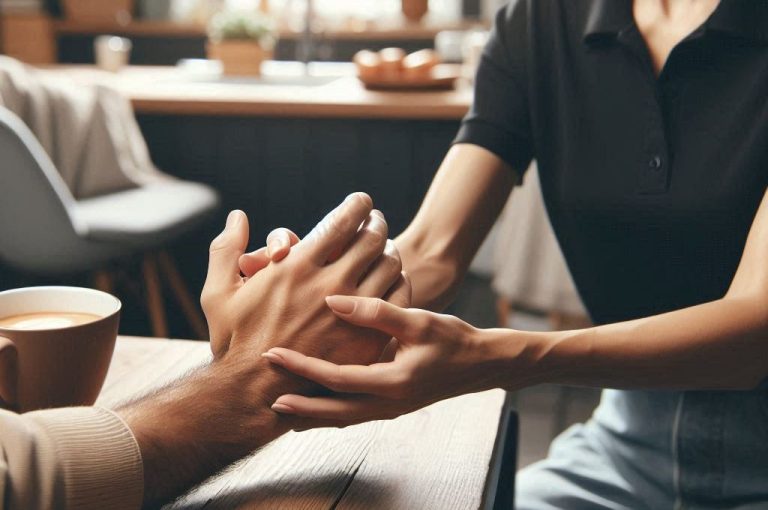 A therapist's hands applying pressure on a patient's knee during treatment.