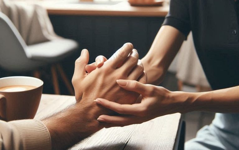 A therapist's hands applying pressure on a patient's knee during treatment.