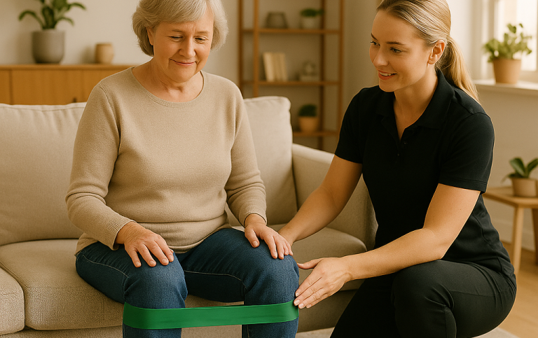 A healthcare professional assisting an elderly woman with weight training.