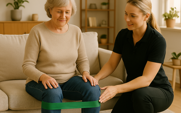 A healthcare professional assisting an elderly woman with weight training.